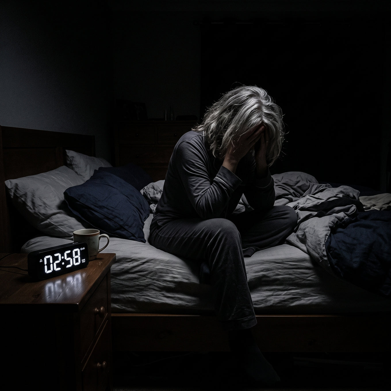 Kvinna i 55-årsåldern vaken i sängen tidigt på morgonen, klockan visar strax efter 03