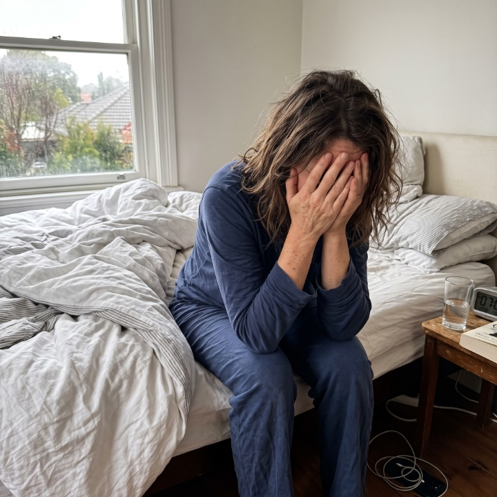 Kvinna som ligger vaken, trött men uppvarvad