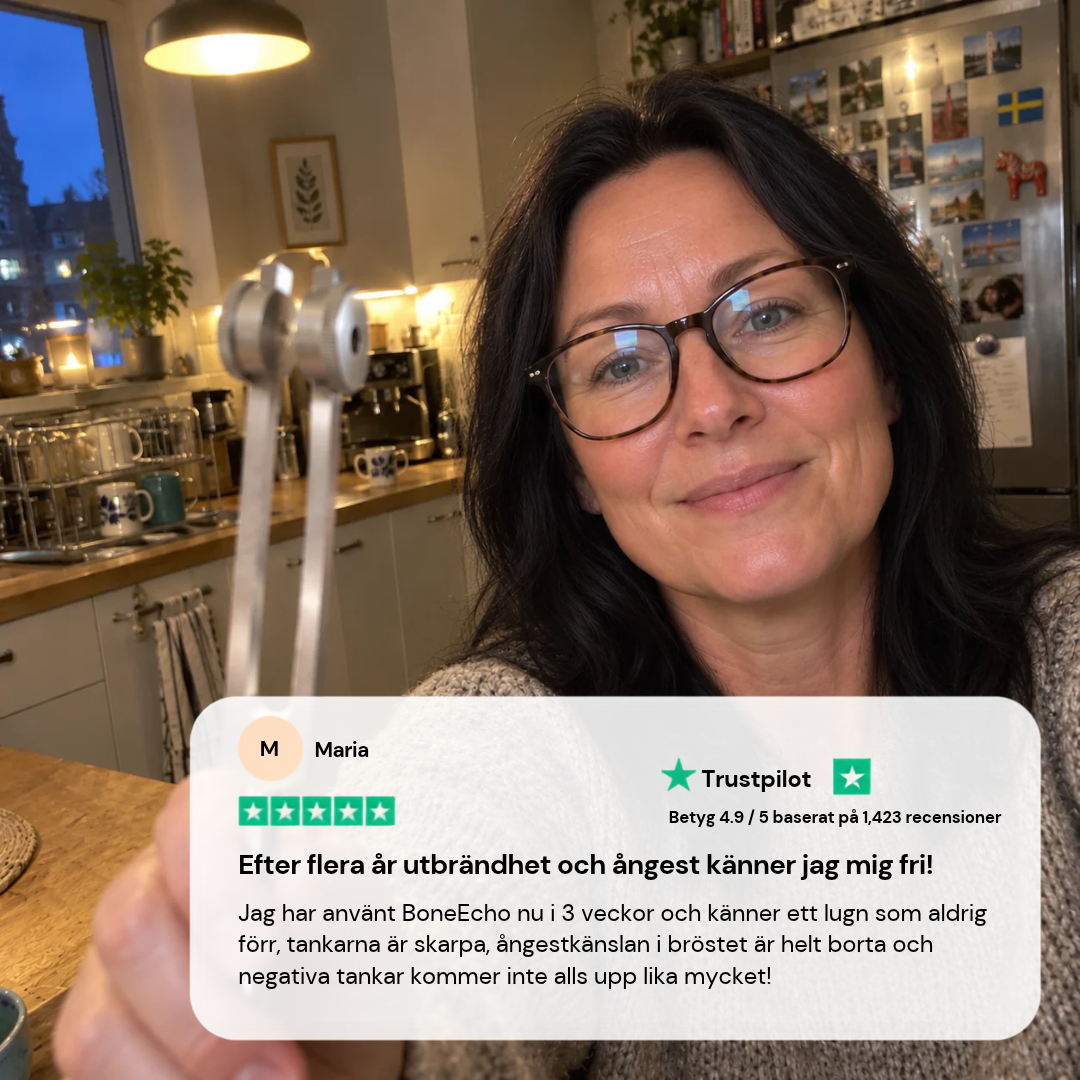 Maria i soffan på morgonen med en kopp te, avslappnade axlar och ett lugnt leende.