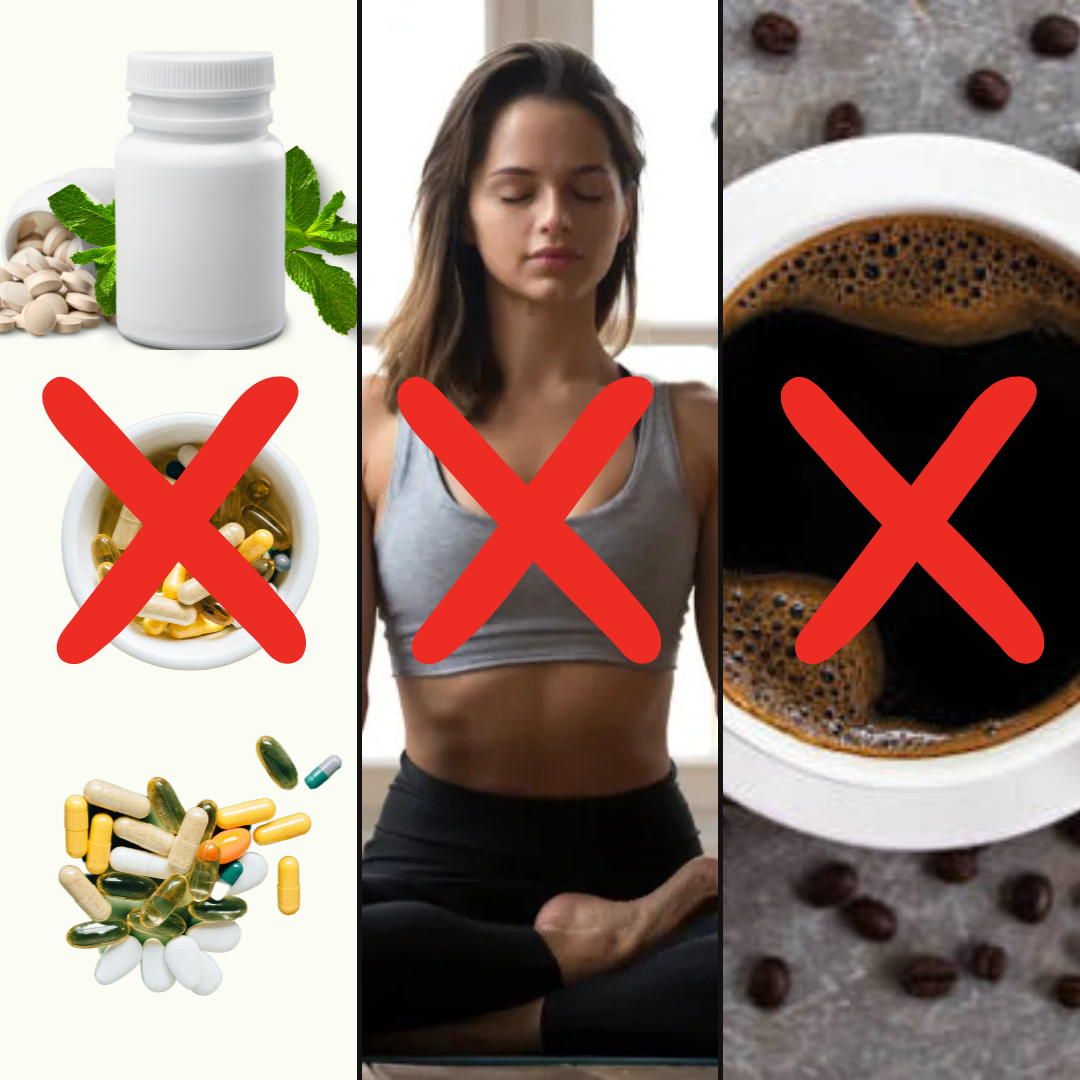Tre ikoner med röda kryss: tablettburkar, kaffekopp klockan 14, meditationskudde