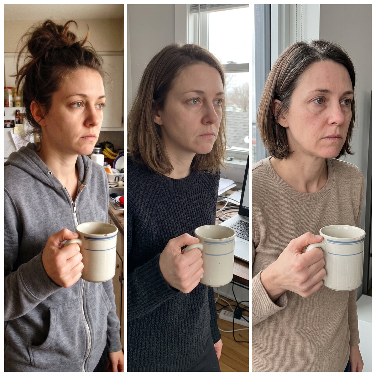 Tre foton bredvid varandra från olika år. Samma kvinna, samma spända axlar och samma kaffekopp i handen.