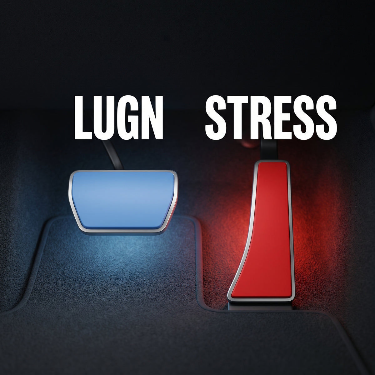 Illustration av en gaspedal i rött och en broms i blått, med texten ”Stress” och ”Lugn”.