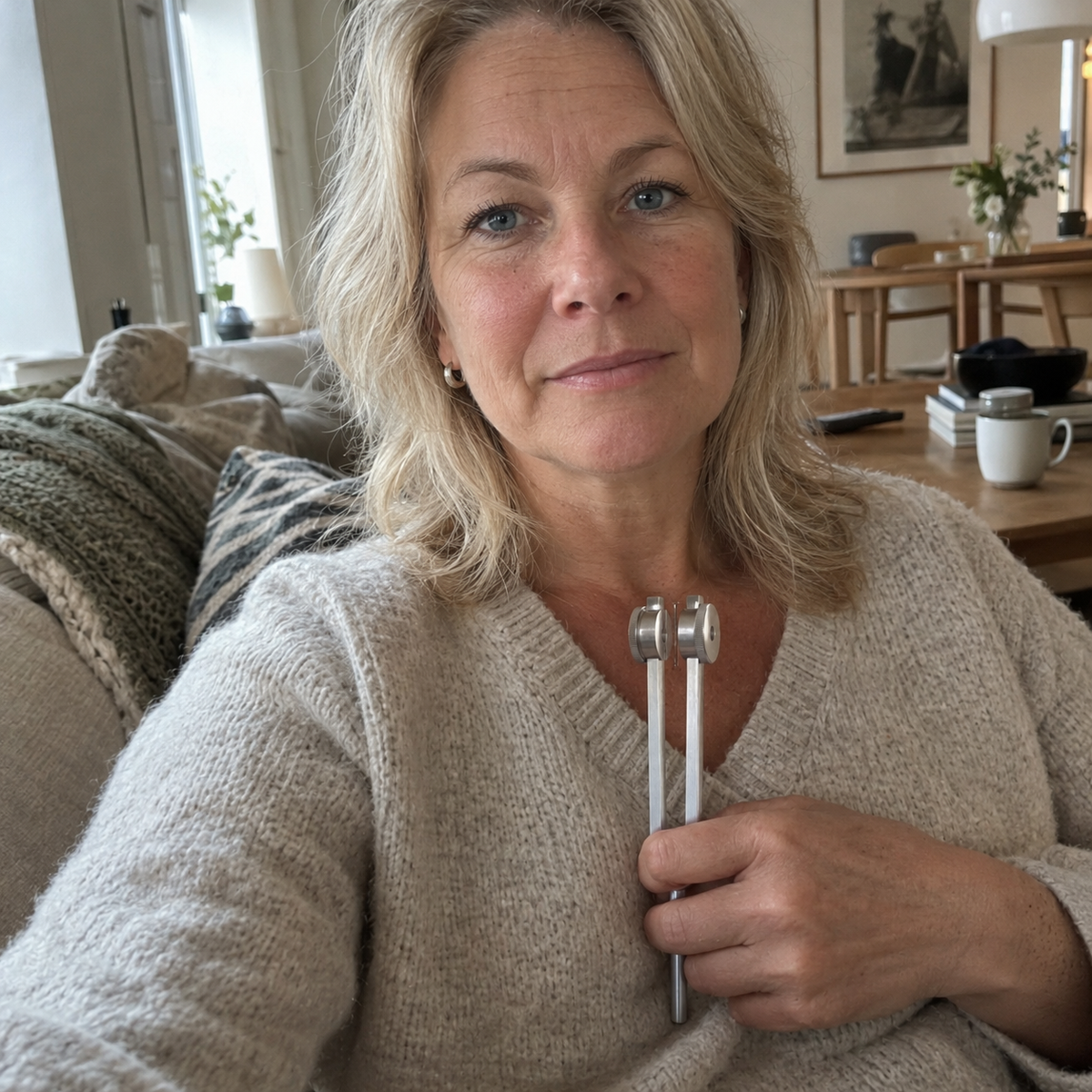 Kvinna med slutna ögon som håller BoneEcho mot bröstbenet. Mjukt kvällsljus.